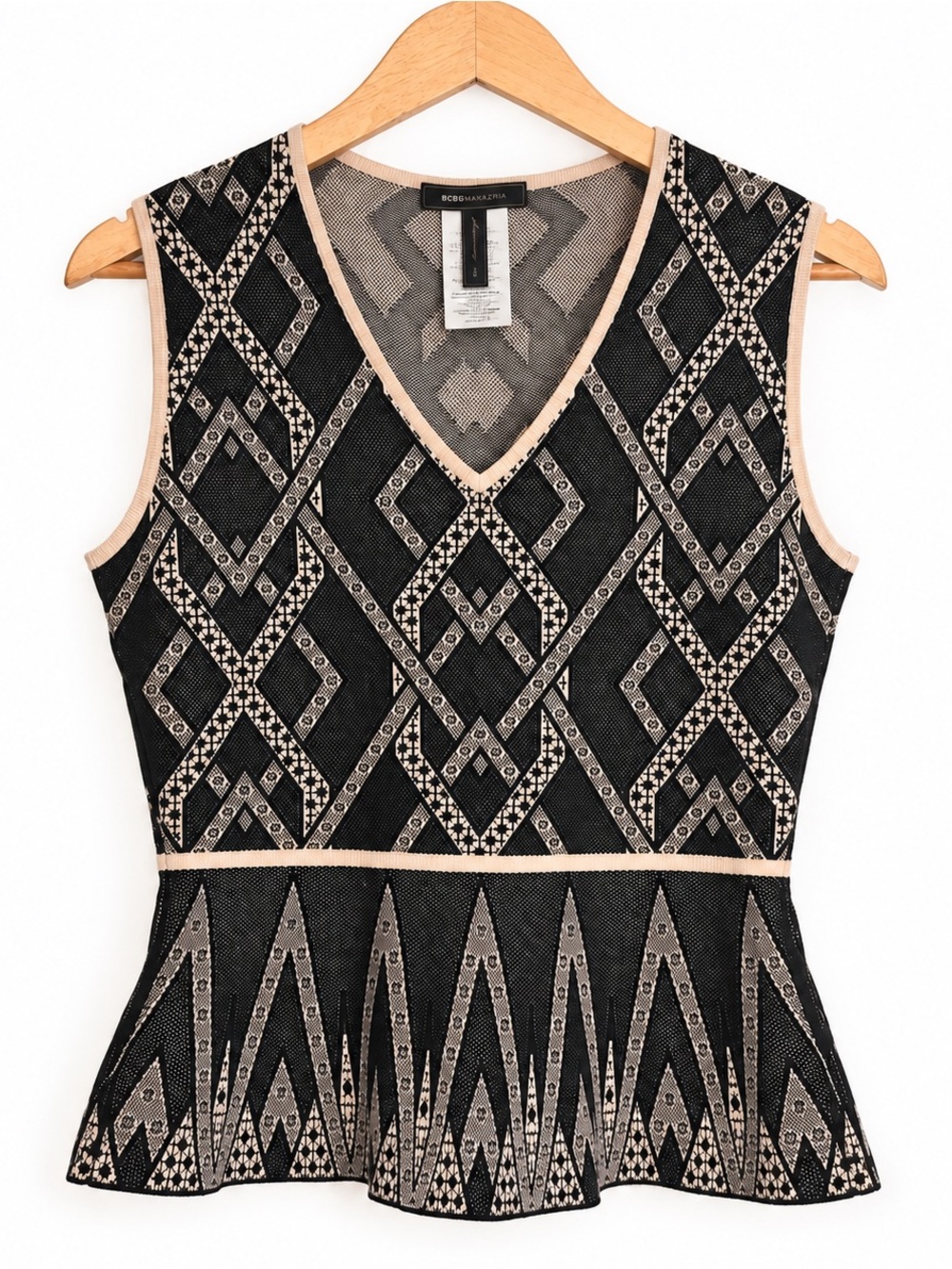 BCBG Max Azria Women’s Medium Geometric Knit Peplum Top Sleeveless